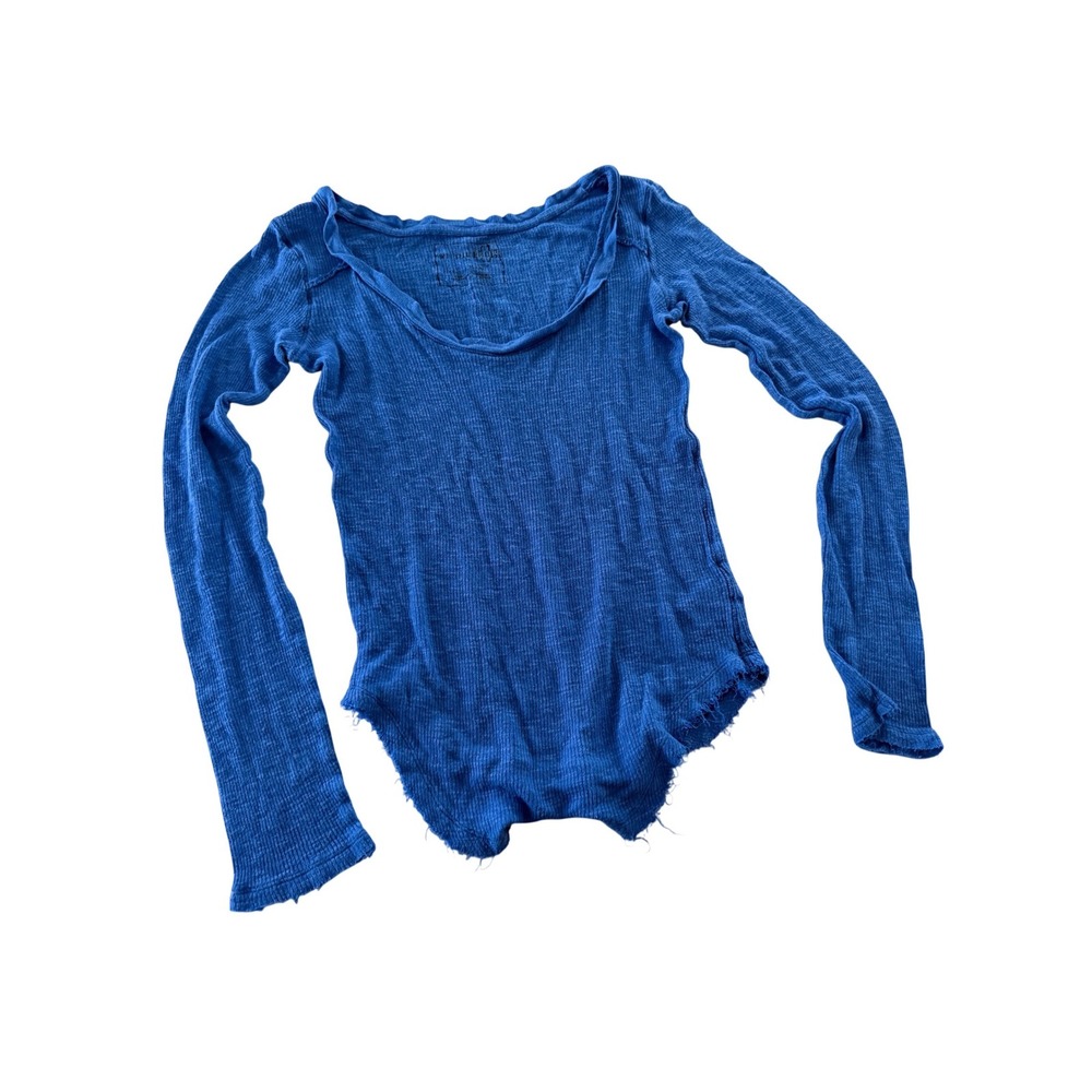 Free People We The Free Blue Ribbed Thermal Knit Scoop Neck Top Medium